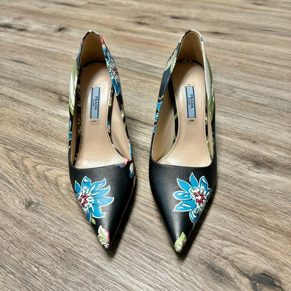 Prada St Ramage Black Floral Print Saffiano Leather Stiletto High Heels 7.5 37.5 - Picture 5 of 12